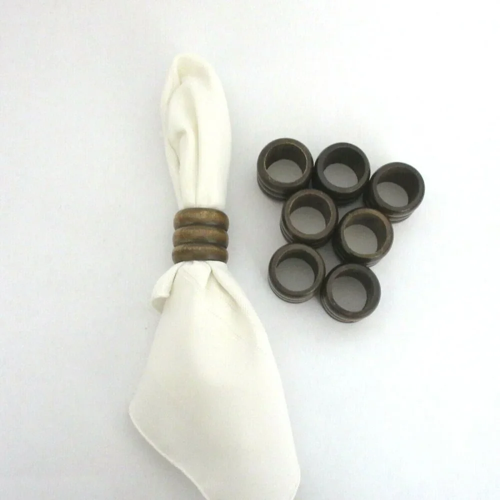Carved Natural Brown Round Wood Napkin Rings Holders 1.5
